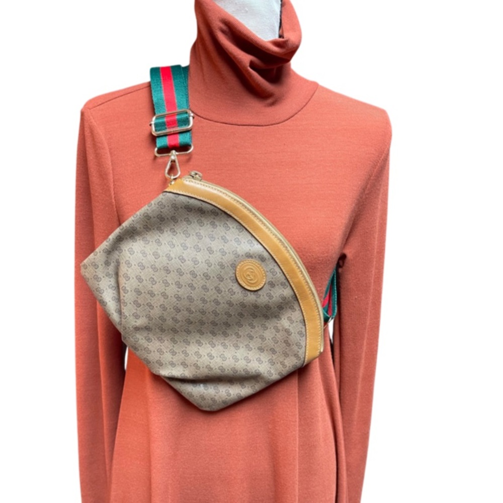 Gucci Beige Monogram Canvas Crossbody Belt Bag with Green/Red Web Strap